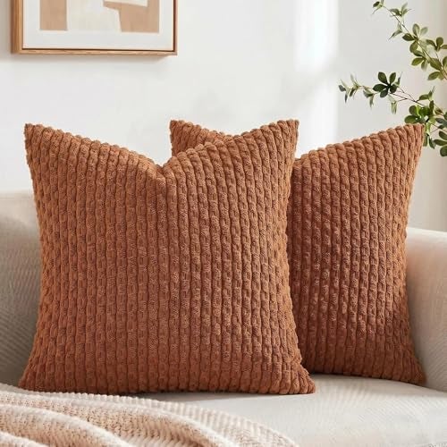 Fancy Homi 2 Packs Rust Decorative Throw Pillow Covers 16x16 Inch for Couch Bed Sofa Modern Farmhouse Boho Home Decor Soft Cute Plush Corduroy Cushion Case 40x40 CM - Image 1