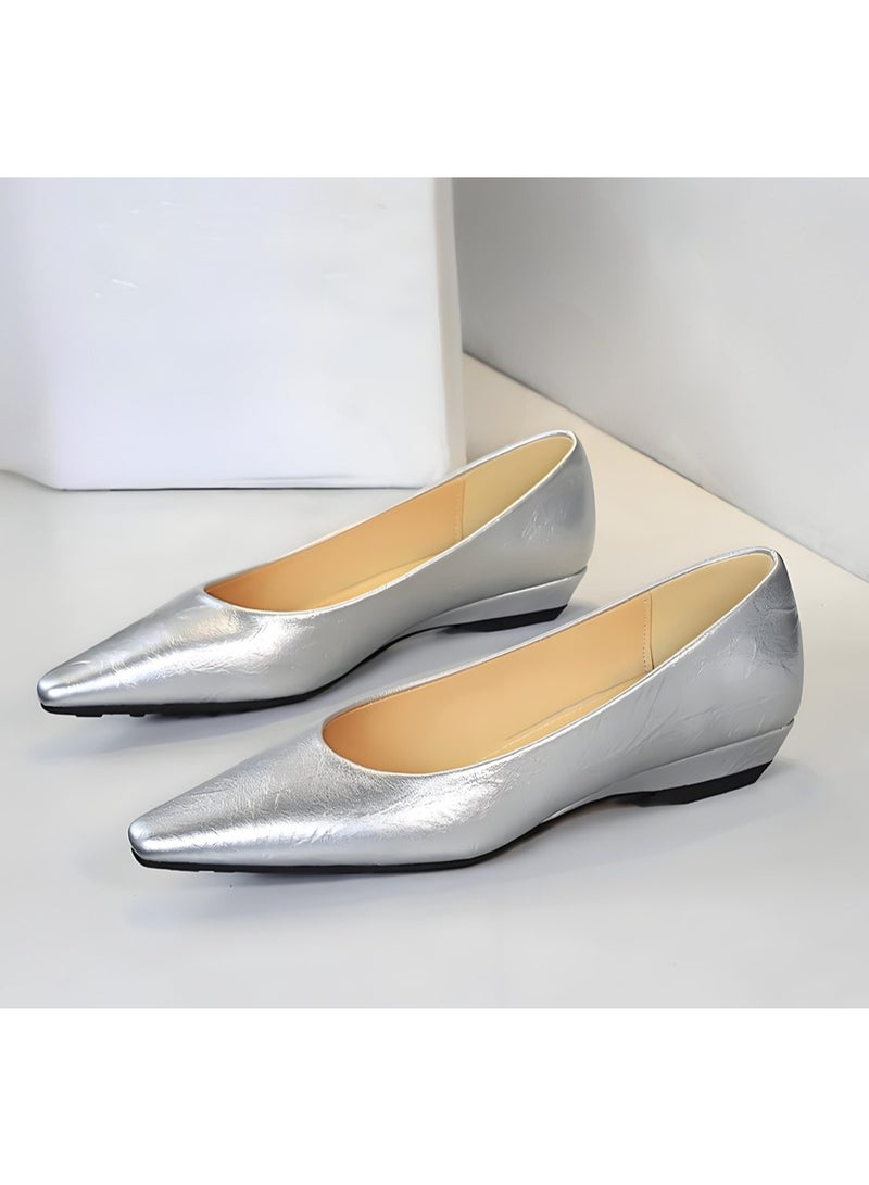 المرأة منخفضة أسفين الأحذية مريحة مغلقة موجهة إصبع القدم أحذية مسطحة فضية