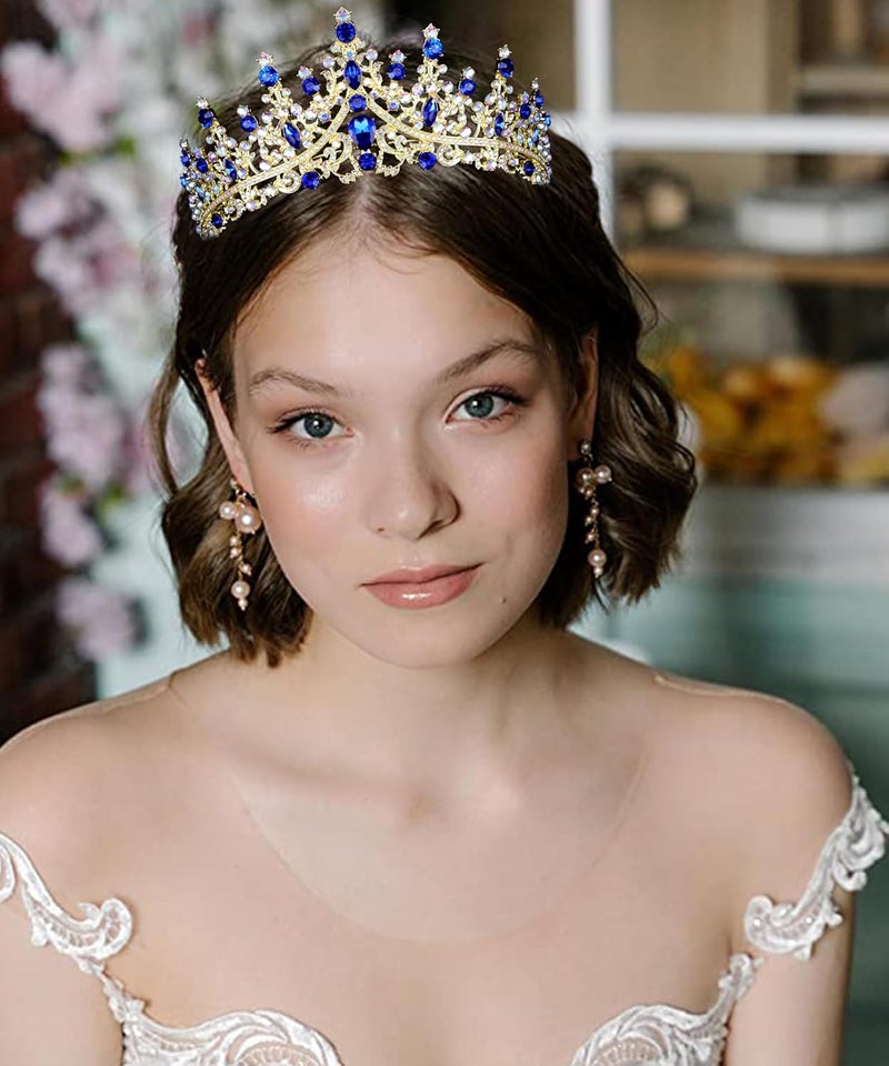 Cocide Blue Crowns fpr Women Tiaras for Women Royal Blue Crown Hair Accessories Princess Halloween Cosplay Birthday Pageant Bride Headpieces Wedding Bridal - Image 3