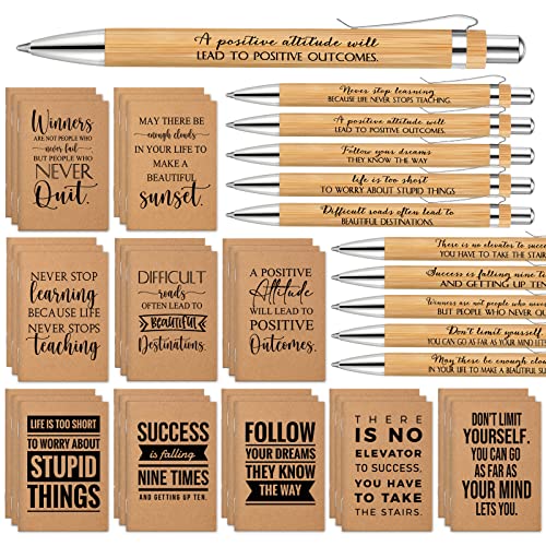 PerKoop 60 Pcs Inspirational Notebooks Motivational Pens Thank You Bamboo Pen Kraft Notebooks Employee Appreciation Gifts Bulk Pocket Journals Party Favors for Adults Nurses Coworkers Team (Quotes) - Image 1