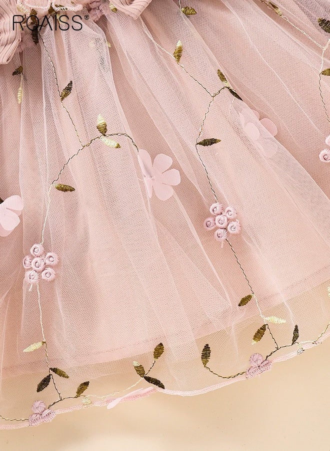 roaiss Girls Tulle Dresses with Bowknots, Stylish A-line Dress with Floral Patterns, Puff Sleeve Round Neck Frock, Elegant Princess Dress for Girls, Suitable for Daily Wear and Outdoor Activities - Image 4