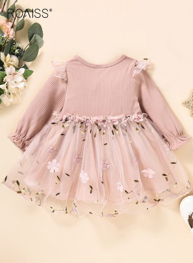 roaiss Girls Tulle Dresses with Bowknots, Stylish A-line Dress with Floral Patterns, Puff Sleeve Round Neck Frock, Elegant Princess Dress for Girls, Suitable for Daily Wear and Outdoor Activities - Image 2