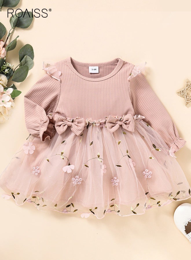 roaiss Girls Tulle Dresses with Bowknots, Stylish A-line Dress with Floral Patterns, Puff Sleeve Round Neck Frock, Elegant Princess Dress for Girls, Suitable for Daily Wear and Outdoor Activities - Image 1