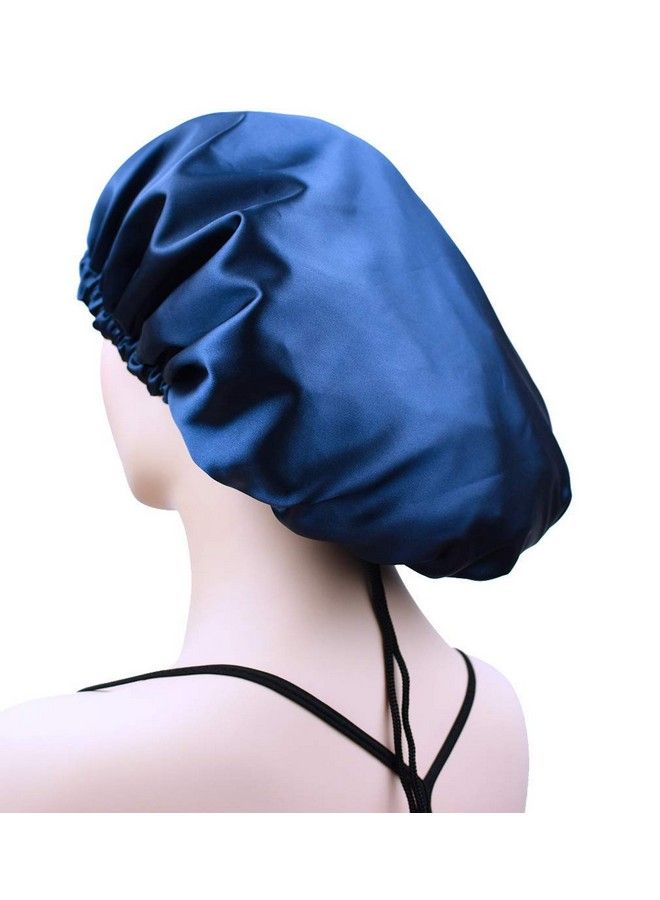 Dehman Extra Large Bonnet Cap For Women Silk Satin Bonnet Cap For Sleeping Double Layer Adjustable Night Hat For Natural Hair Long Braids (Navy) - Image 4