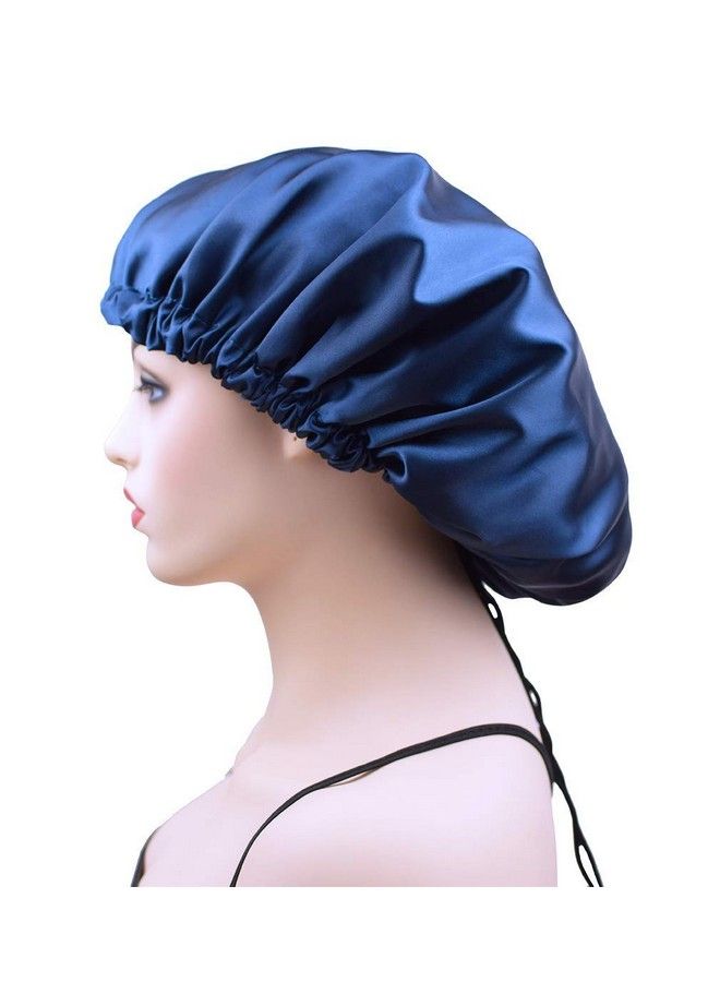 Dehman Extra Large Bonnet Cap For Women Silk Satin Bonnet Cap For Sleeping Double Layer Adjustable Night Hat For Natural Hair Long Braids (Navy) - Image 3
