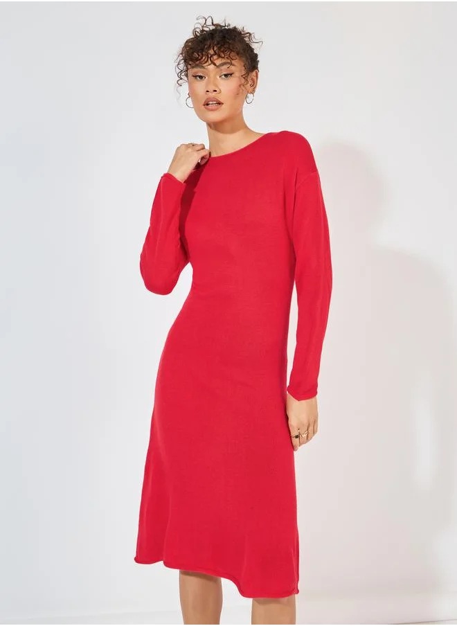 Styli Plain Knit Sweater Knee Length Dress