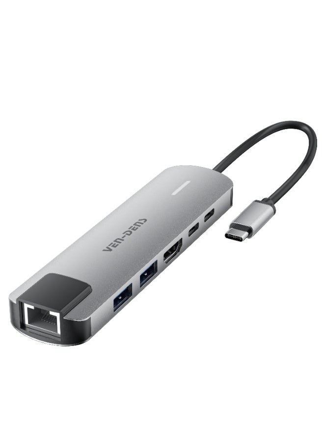 هب فين-دنس VD-ADP019 سداسي الوظائف بمنفذ USB-C (رمادي) – منفذ HDMI بدقة 4K، منفذا USB-A مزدوجان، منفذا USB-C مزدوجان بشحن PD حتى 100 واط، منفذ إيثرنت RJ45، توصيل وتشغيل فوري، مثالي لأجهزة الكمبيوتر المحمولة والأجهزة اللوحية والهواتف الذكية