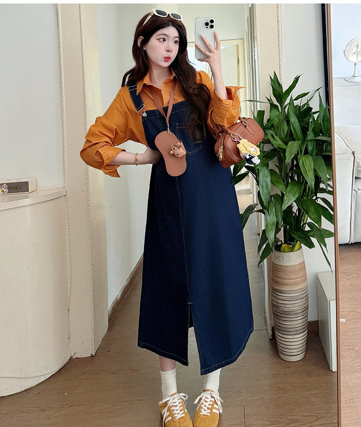 2025 spring new fashion dark Denim strap skirt shirt two-piece set slimming outer wear pregnant women suit tide Denim suspender skirt 