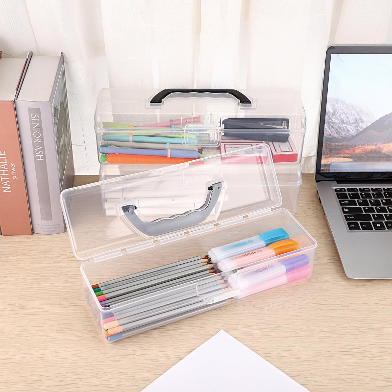 BTSKY 3 Pack Long Plastic Pencil Box Portable Clear Home Utility Boxes with Black Handle Stationery Storage Organizer Painting Tool Storage Container for Pencils Markers Sticky-Notes Craft Supplies - Image 2