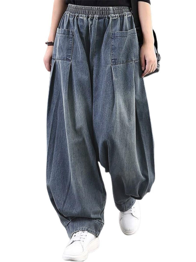 ebossy Women's Denim Harem Pants Elastic Waist Pleated Wide Leg Baggy Jeans (Small, Blue) - Image 1