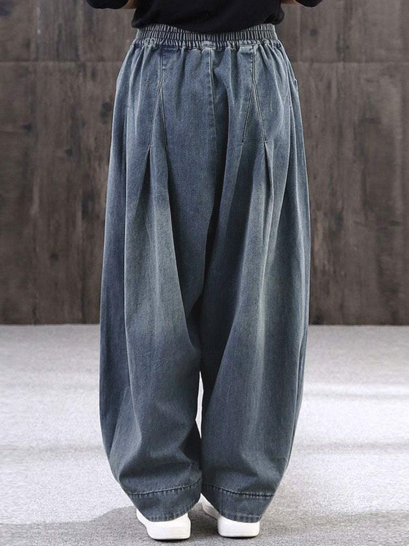 ebossy Women's Denim Harem Pants Elastic Waist Pleated Wide Leg Baggy Jeans (Small, Blue) - Image 3