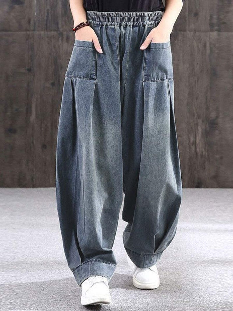 ebossy Women's Denim Harem Pants Elastic Waist Pleated Wide Leg Baggy Jeans (Small, Blue) - Image 2