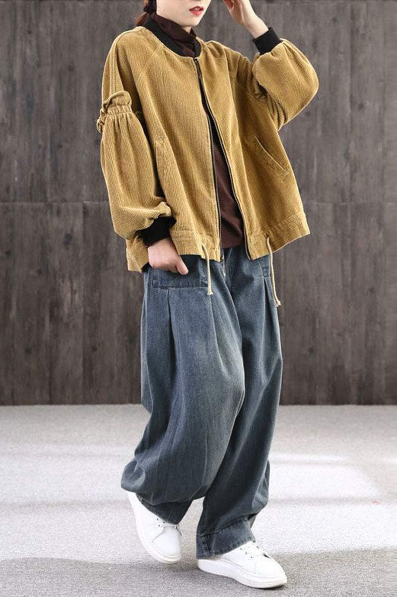 ebossy Women's Denim Harem Pants Elastic Waist Pleated Wide Leg Baggy Jeans (Small, Blue) - Image 5