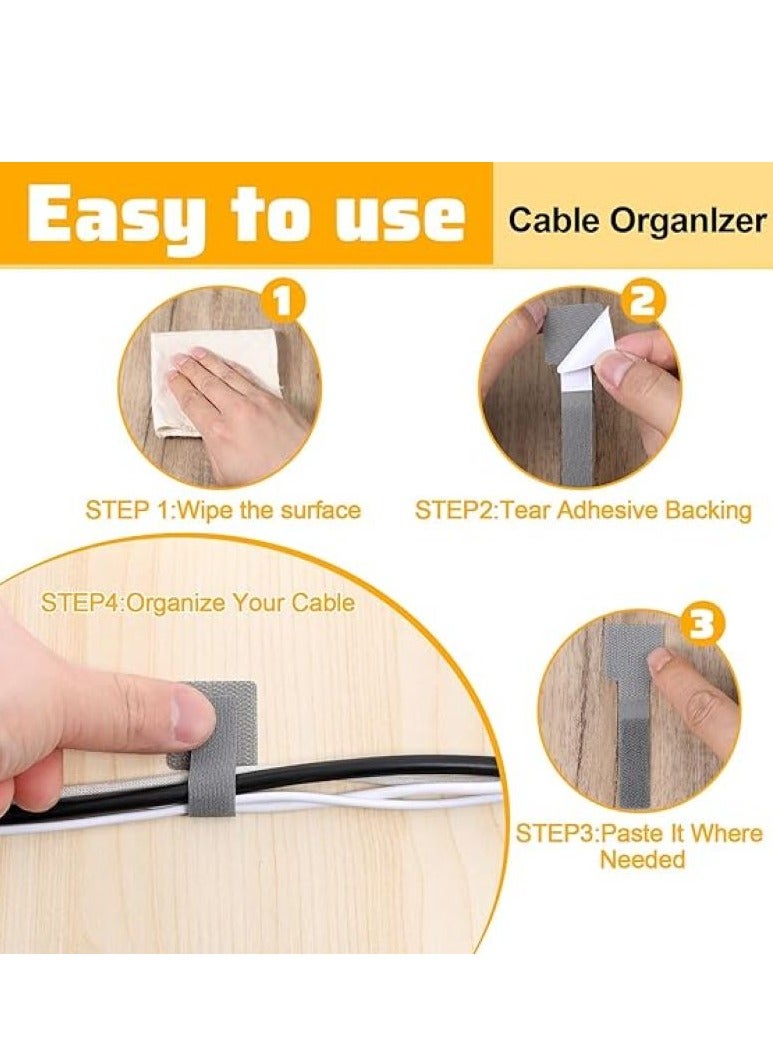 10Pcs 3M Adhesive Wire Organizer Cord Organizers Adjustable Hook and Loop Cable Clips Adjustable Cable Ties Cord Wrappers Keeper Cord Holder Straps for Kitchen, Office Desk Management （Grey）