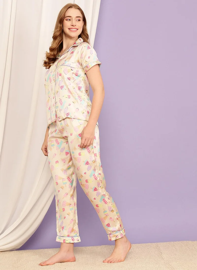 Clovia Clovia Midnight Cravings Button Down Shirt & Pyjama Set in Cream Colour - Satin