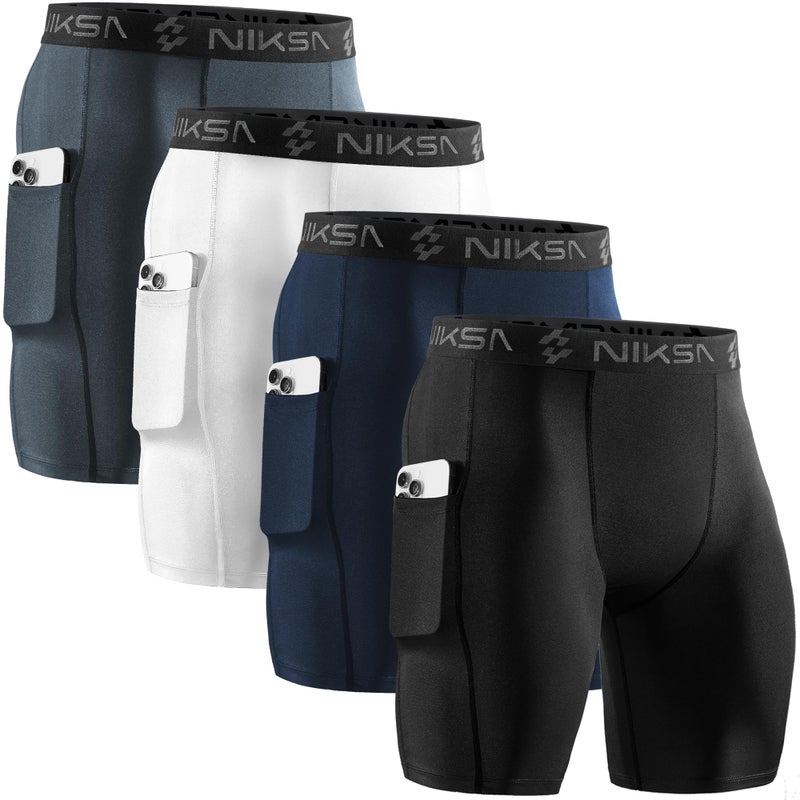 Niksa 4 Pack Compression Shorts Men with Pocket, Spandex Running Shorts Sport Athletic Workout Performance Underwear - Image 1