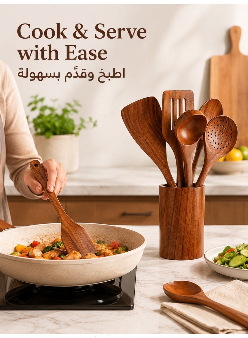 مجموعة أدوات مطبخ خشبية من 6 قطع، أدوات طهي من خشب الساج مع ملاعق وشوكات وملعقة مسطحة، أواني خبز وأواني طهي عالية الجودة - Image 5