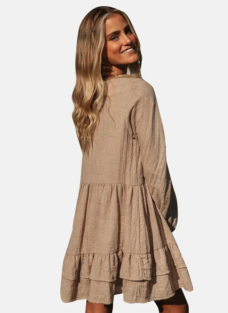 يونيكي Beige Fit & Flare V Neck Solid Dress