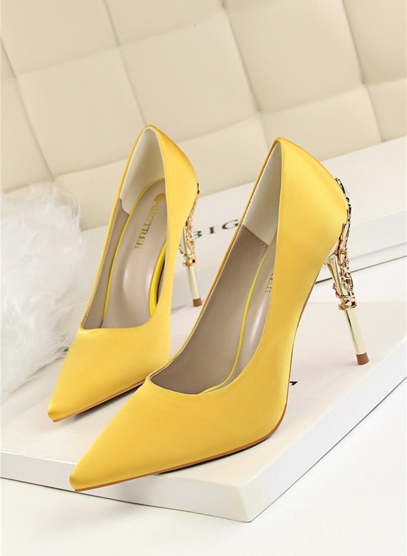 BIGTREE 10cm Stylish Metal Pumps With Slim Heels High heels Shallow-Cut Pointed Satin Pumps Yellow - Image 1