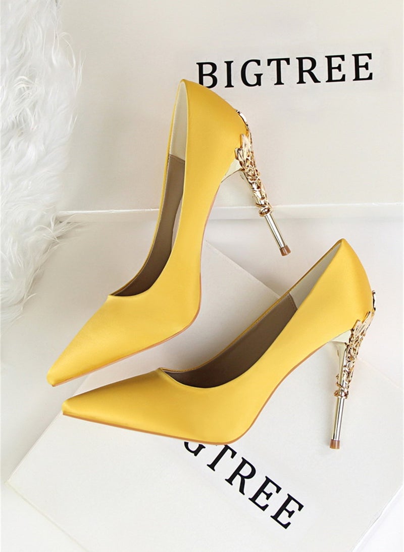 BIGTREE 10cm Stylish Metal Pumps With Slim Heels High heels Shallow-Cut Pointed Satin Pumps Yellow - Image 2