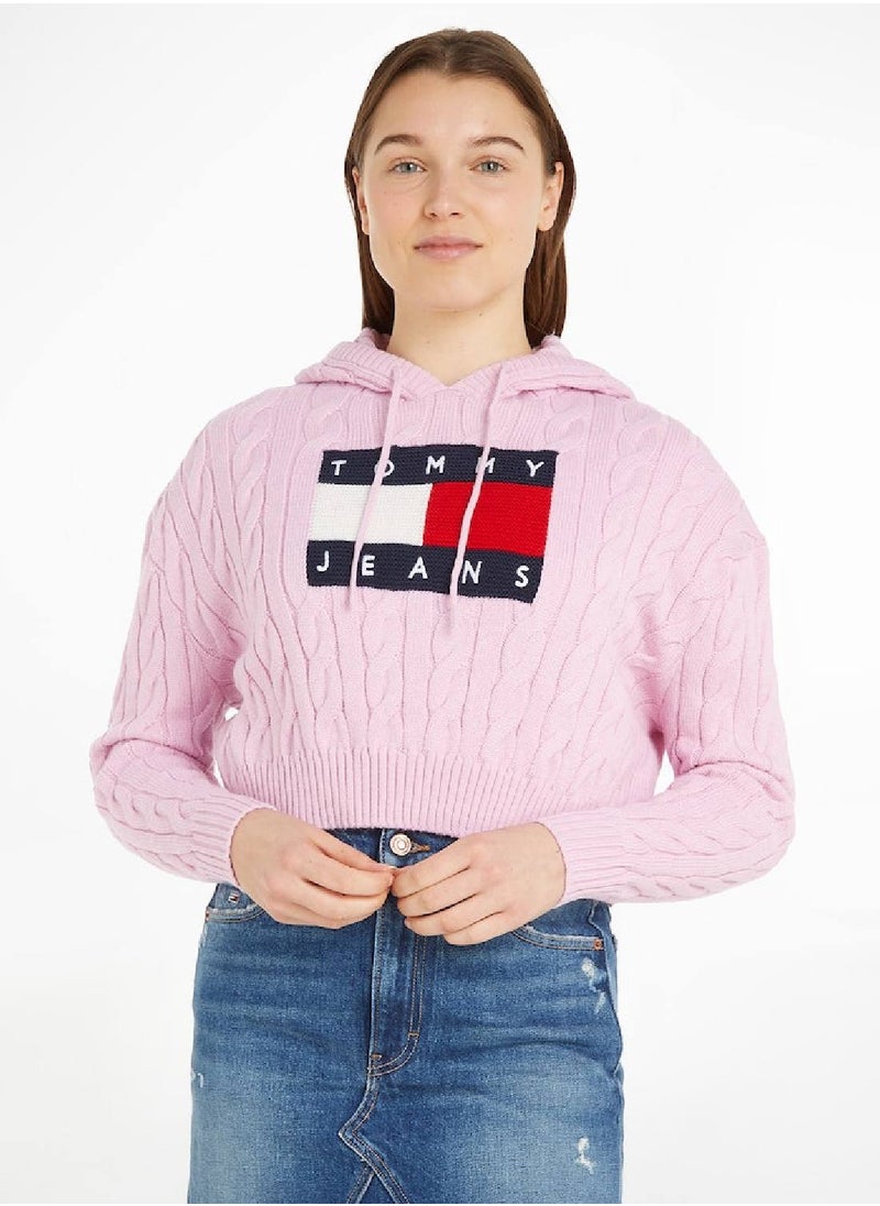 TOMMY JEANS - Women's Cropped Cable Knit Flag Badge Hoody Sweater, Pink - Image 1