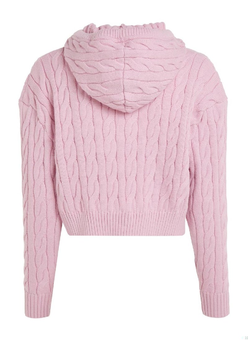 TOMMY JEANS - Women's Cropped Cable Knit Flag Badge Hoody Sweater, Pink - Image 1