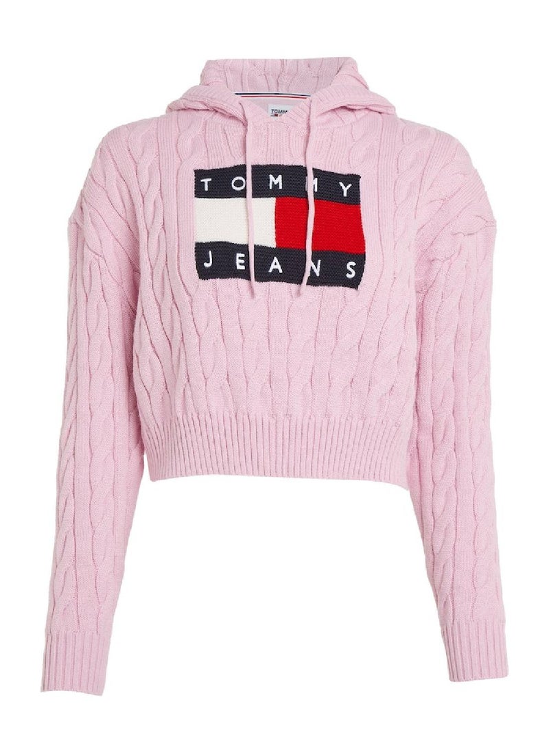 TOMMY JEANS - Women's Cropped Cable Knit Flag Badge Hoody Sweater, Pink - Image 1