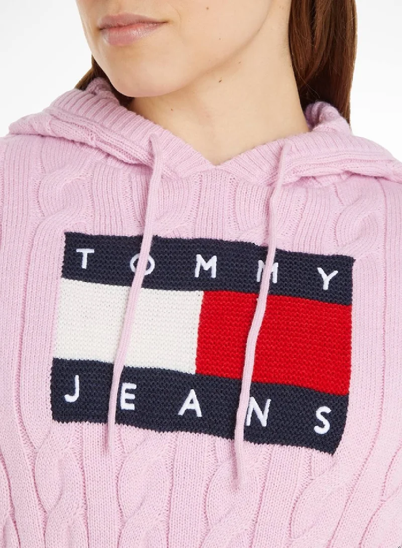 TOMMY JEANS Cropped Cable Knit Flag Badge Hoody
