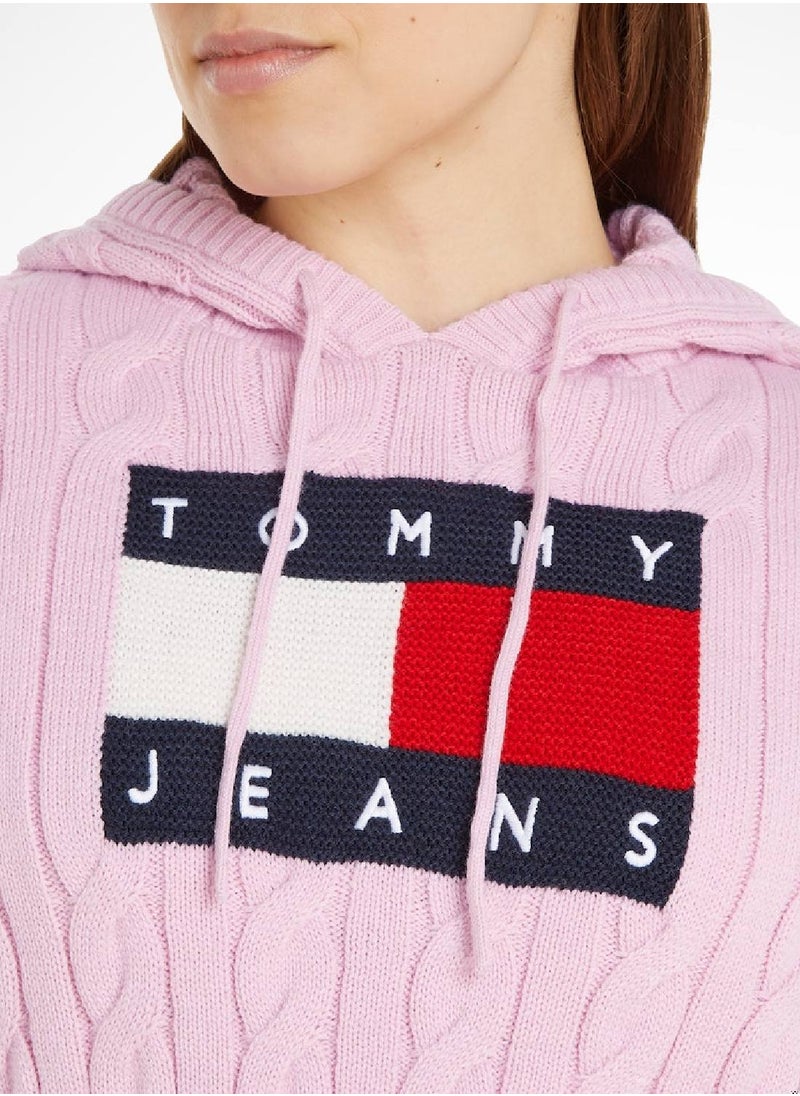 TOMMY JEANS - Women's Cropped Cable Knit Flag Badge Hoody Sweater, Pink - Image 1