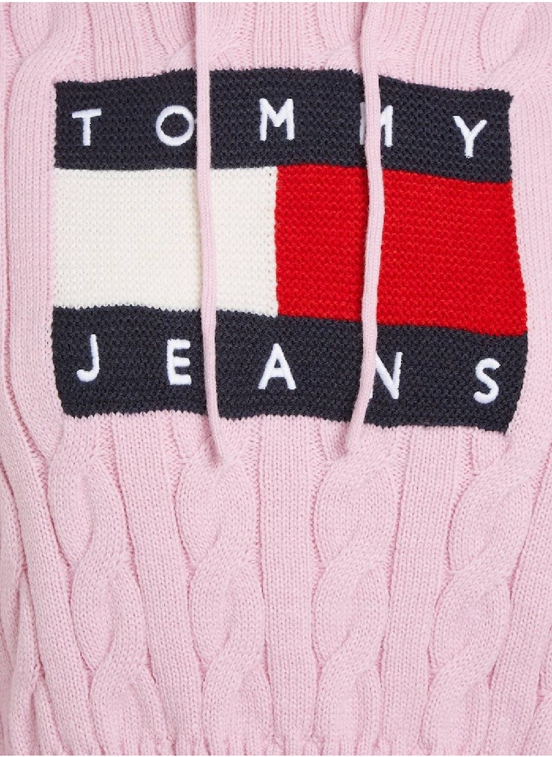 TOMMY JEANS - Women's Cropped Cable Knit Flag Badge Hoody Sweater, Pink - Image 1