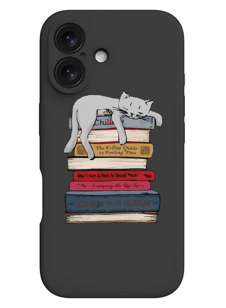 Theodor Protective Slim Fit Case Liquid Silicone Cover with Full Body Protection Anti-Scratch Shockproof Case For Apple iPhone 17 (Black) Cat on books - Image 1