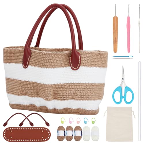 ORIGACH DIY Crochet Handbag Kit for Beginners Khaki Striped Crochet Bag with PU Leather Band and Base Complete Crochet Set to Make a Bag Include Yarn Crochet Hooks Markers and Instruction - Image 1