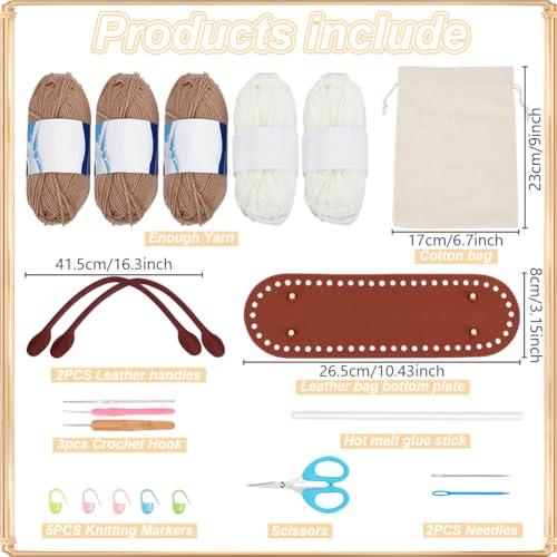 ORIGACH DIY Crochet Handbag Kit for Beginners Khaki Striped Crochet Bag with PU Leather Band and Base Complete Crochet Set to Make a Bag Include Yarn Crochet Hooks Markers and Instruction - Image 3
