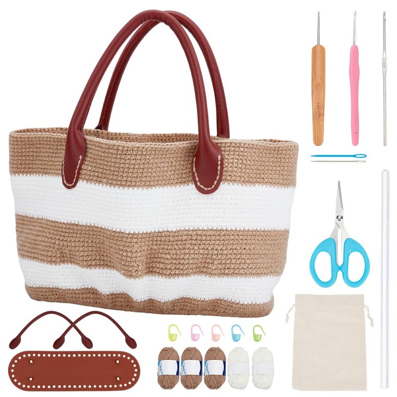ORIGACH DIY Crochet Handbag Kit for Beginners Khaki Striped Crochet Bag with PU Leather Band and Base Complete Crochet Set to Make a Bag Include Yarn Crochet Hooks Markers and Instruction - Image 2