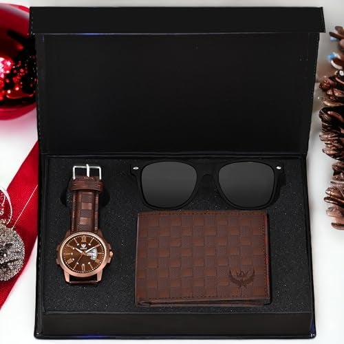 LORENZ Brown Dial Watch, Brown Wallet & Black Sunglasses Gift Box Combo for Men & Boys - Image 2
