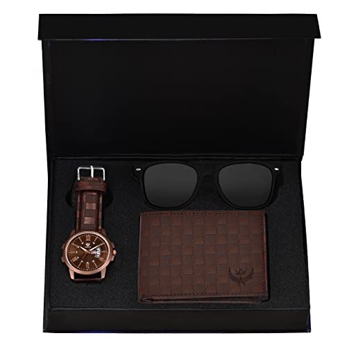 LORENZ Brown Dial Watch, Brown Wallet & Black Sunglasses Gift Box Combo for Men & Boys - Image 1