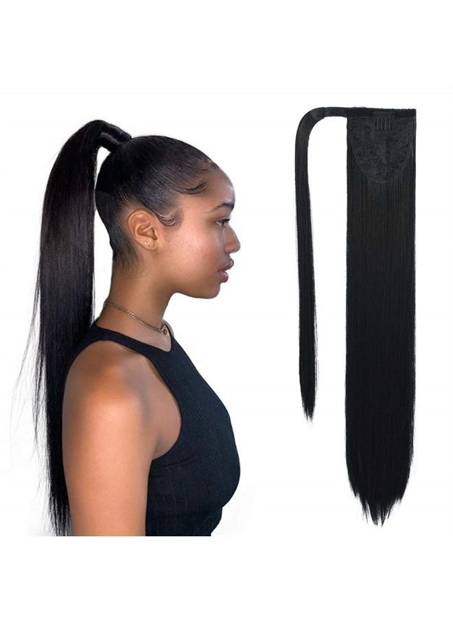 SEIKEA Clip in Ponytail Extension Wrap Around Long Straight Ponytail Natural Soft Synthetic Hairpiece for Women 28 Inch- Black  - Image 1