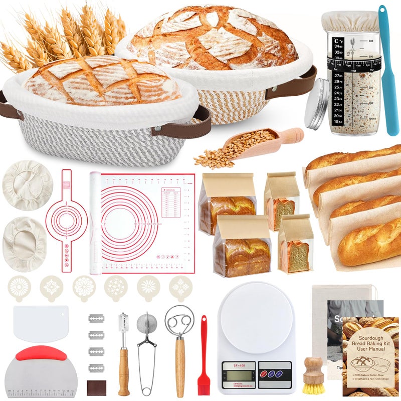 PeacePeo 38 Pcs Sourdough Starter Kit, Cotton Rope Banneton Bread Proofing Basket with Sourdough Starter Jars,10 Inch Round & Oval Proofing Basket with Liners & Covers for Artisan Bread Baking - Image 1