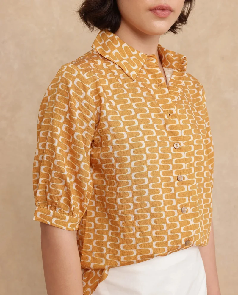 Rareism Women's Collared Bishop Sleeve Shirt
