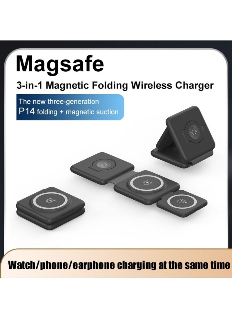 Generic - Charging Station for Apple Multiple Devices - 3 in 1 Magnetic Foldable Wireless Charger Dock - Travel Charging Pad for iPhone 14 13 12 Pro Max Plus Watch & Airpods(Black) - Image 1