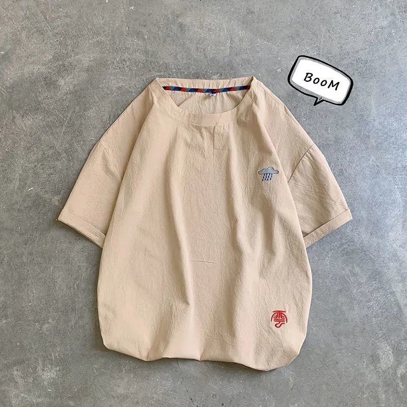 Linen T-shirt Men's Summer Thin Chinese Style Short-sleeved Embroidered Cotton Linen Half-sleeved Loose Top Trendy Brand Ice Silk T-shirt - Image 1