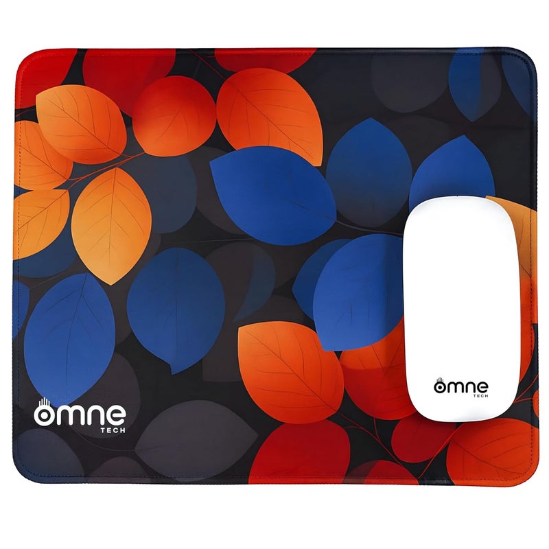 omne TECH Mousepad for Desk | Smooth Waterproof Surface, Anti-Slip Rubber Base, Durable & Comfortable Mouse Pad for Office, Laptop & Computer (Multicolour) (Orange & Blue Leaf) - Image 1