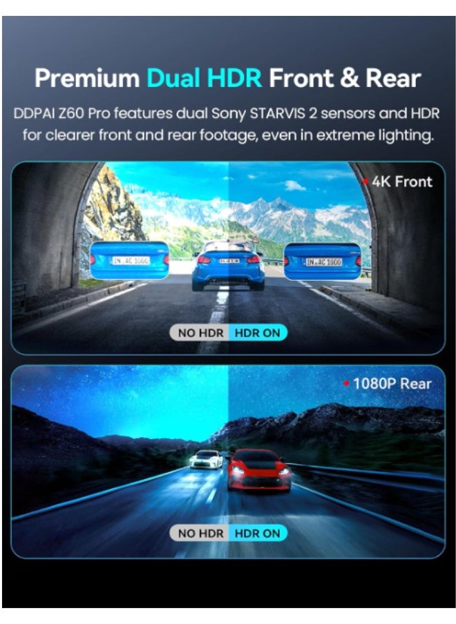 ddpai - DDPAI 4K Dash Cam Front and Rear, 4K+1080P Dash Cam, Dual STARVIS 2 Sensors,5G WiFi GPS, Dashcam with Free 32GB eMMC,Night Vision,3" IPS,HDR,ADAS,24 Hours Parking Mode,Loop Recording G-Sensor, Z60 Pro - Image 1