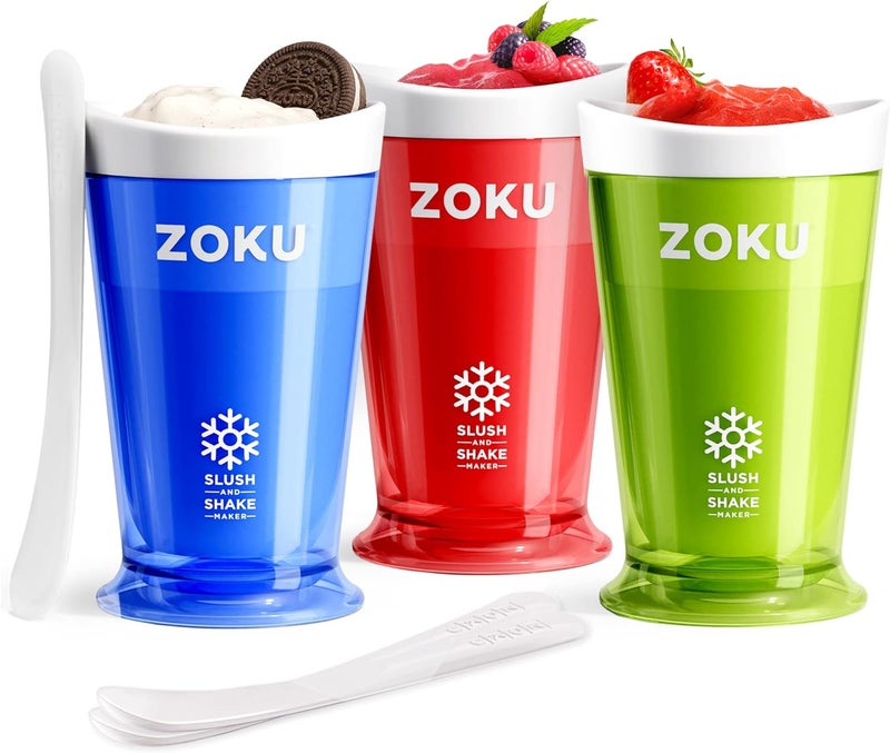 ZOKU صانع السلاش والشيك الأصلي، كوب سلاشي 3 عبوات لتحضير سلاش منزلي سريع بحجم حصة واحدة، عصائر فواكه، وشيكولاتة في دقائق، مجموعة أزرق/أحمر/أخضر من 3 - Image 1