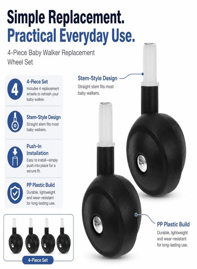 LAoabyoe Baby Walker Replacement Wheels, 4 Pcs Stem Mount Caster Wheels for Baby Walkers and Strollers, Push-in PP Plastic Replacement Wheels, Smooth Rolling Walker Accessories, Black - Image 5
