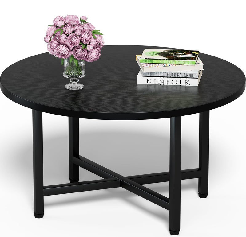 FAMIDGE Coffee Table, 23.6" Coffee Tables for Living Room, Round Coffee Table with Metal Frame, Floor Table for Sitting on The Floor, Home, Office, Black - Image 1
