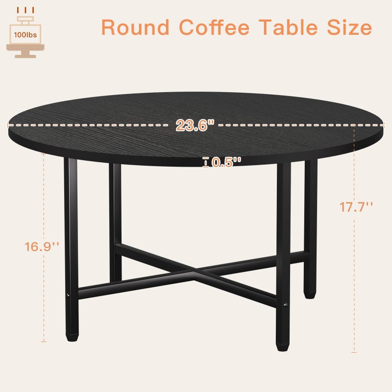 FAMIDGE Coffee Table, 23.6" Coffee Tables for Living Room, Round Coffee Table with Metal Frame, Floor Table for Sitting on The Floor, Home, Office, Black - Image 5