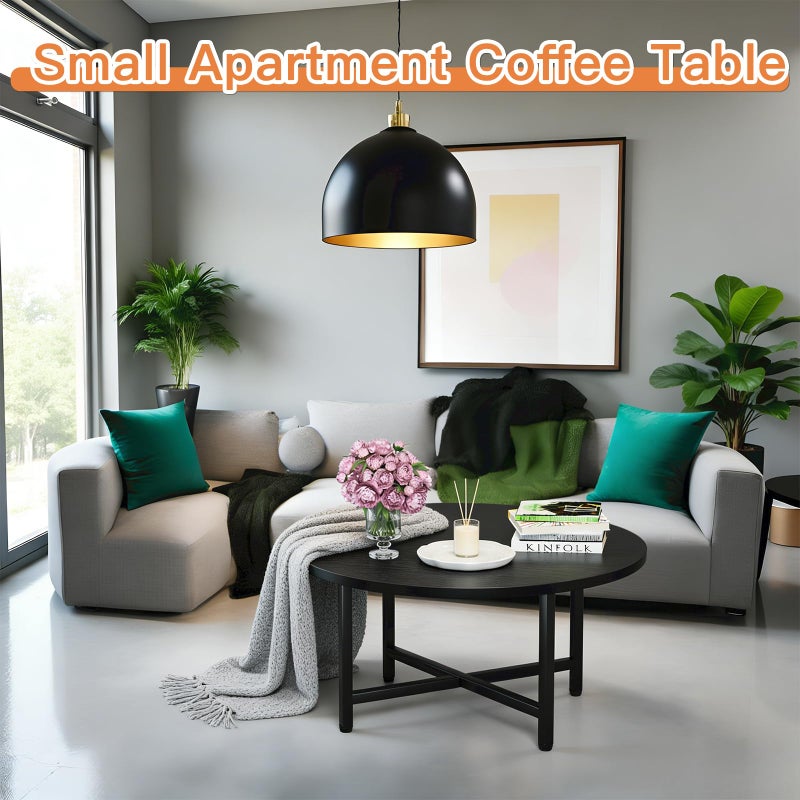 FAMIDGE Coffee Table, 23.6" Coffee Tables for Living Room, Round Coffee Table with Metal Frame, Floor Table for Sitting on The Floor, Home, Office, Black - Image 2