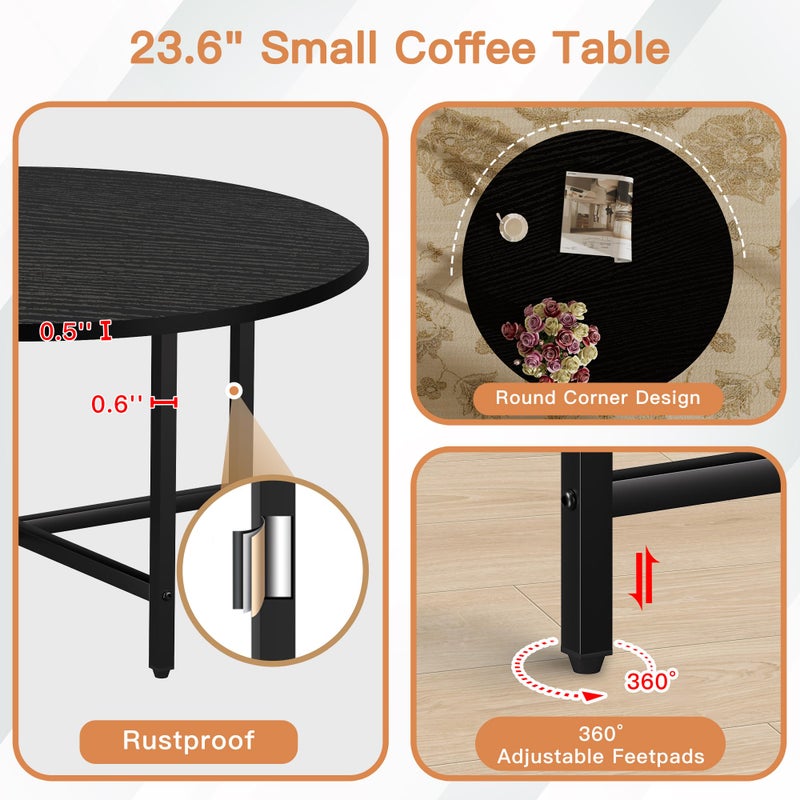 FAMIDGE Coffee Table, 23.6" Coffee Tables for Living Room, Round Coffee Table with Metal Frame, Floor Table for Sitting on The Floor, Home, Office, Black - Image 4