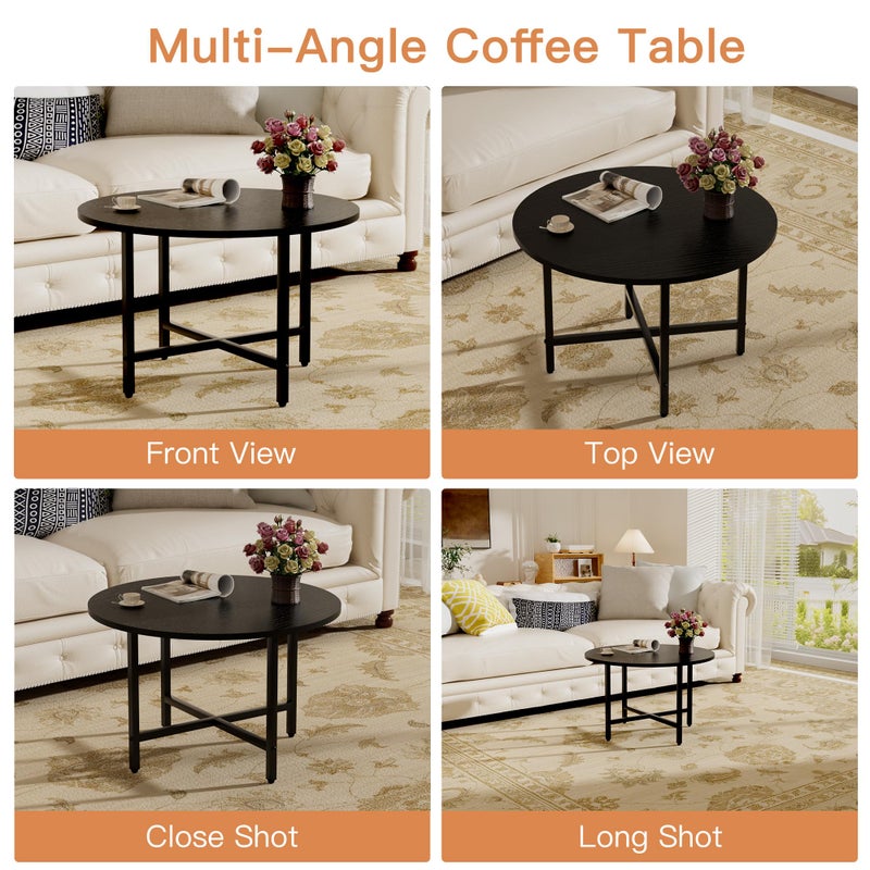 FAMIDGE Coffee Table, 23.6" Coffee Tables for Living Room, Round Coffee Table with Metal Frame, Floor Table for Sitting on The Floor, Home, Office, Black - Image 3